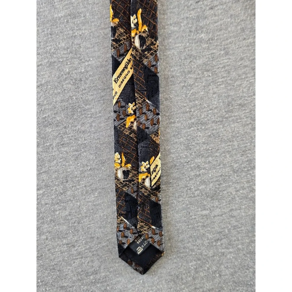 Ermenegildo Zegna Silk Necktie Mens OS Black Gold Geometric Floral Made in Italy